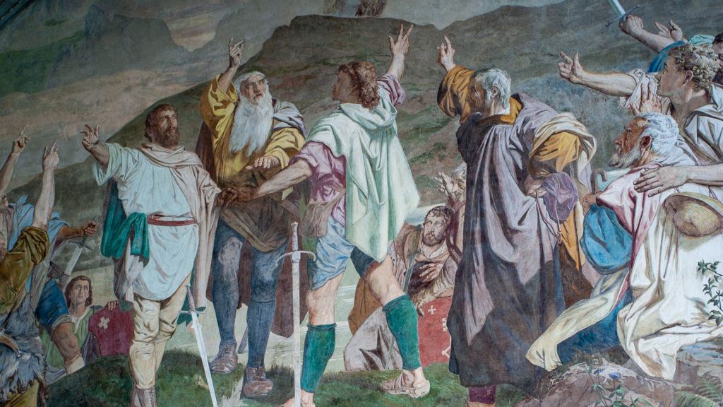 Zum Beispiel der Rütlischwur: Ausschnitt aus dem Fresko des Basler Malers Ernst Stückelberg (1831–1903) in der Tellskapelle bei Sisikon UR. | © picswiss.ch