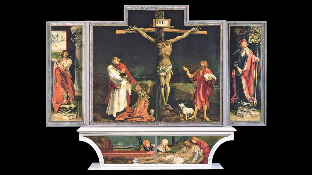 Das erste Wandelbild des Isenheimer Altars: Kreuzigungstafel, flankiert von dem Märtyrer Sebastian (links) und dem Einsiedler Antonius (rechts); in der Predella die Beweinung Christi. | © Musée Unterlinden, Colmar