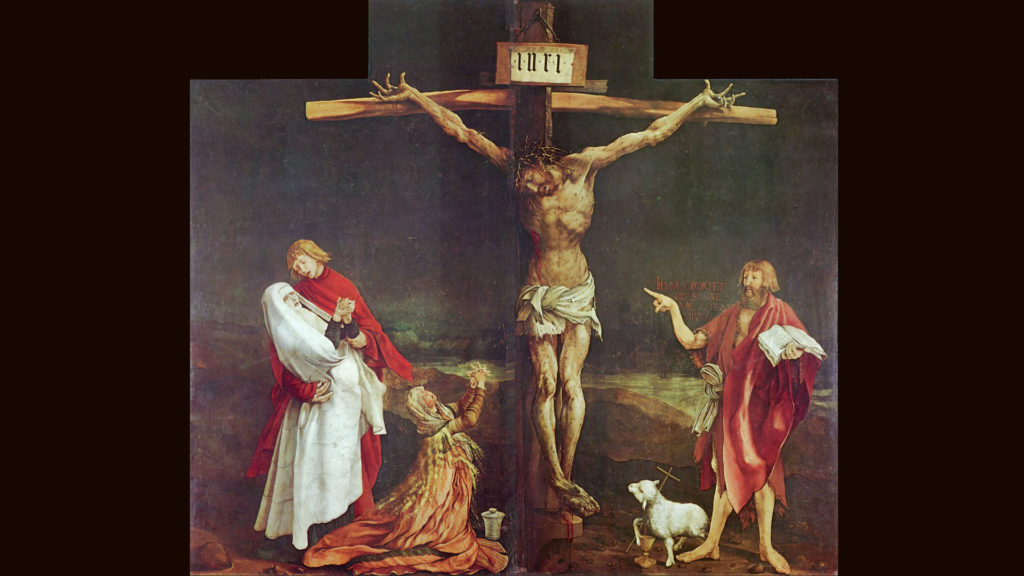 Johannes der Täufer (rechts) verweist auf den Gekreuzigten: «Er muss wachsen, ich aber muss kleiner werden» (Isenheimer Altar von Matthias Grünewald, Musée d‘Unterlinden, Colmar). | © wikimedia