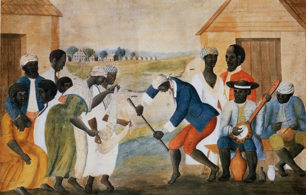 Sklaven auf einer Plantage in South Carolina (das Bild «The Old Plantation» entstand um 1790 und
wird dem Sklavenhalter John Rose zugeschrieben). | © wikimedia
