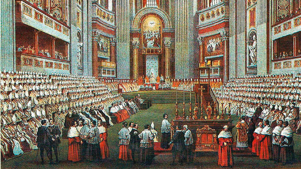 Zeitgenössische Darstellung des Ersten Vatikanischen Konzils im Petersdom (Künstler unbekannt). | © wikimedia