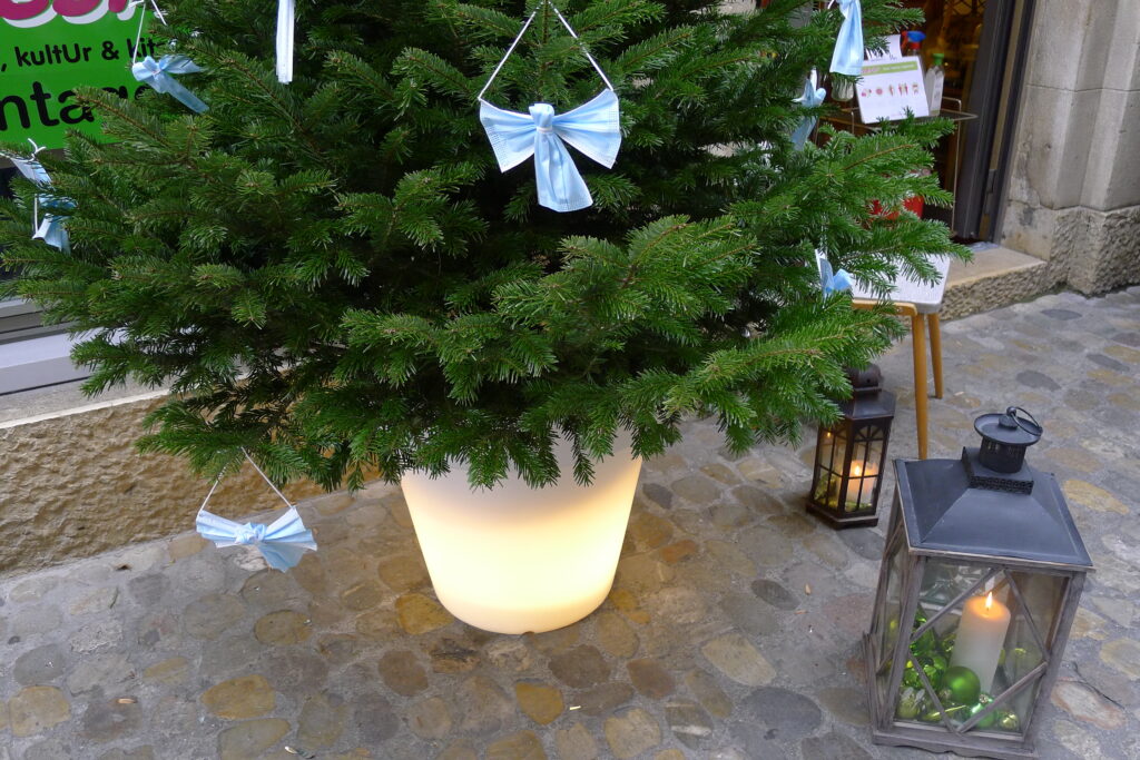 Der Schmuck dieses Weihnachtsbaums, auf den wir im Gerbergässlein in Basel gestossen sind, verrät es: Wir leben in speziellen Zeiten. Mit diesem Bild beschliessen wir den Adventskalender und wünschen allen ebenso frohe und wie besinnliche Weihnachtstage sowie Gesundheit und Zuversicht für das neue Jahr. | © Regula Vogt-Kohler