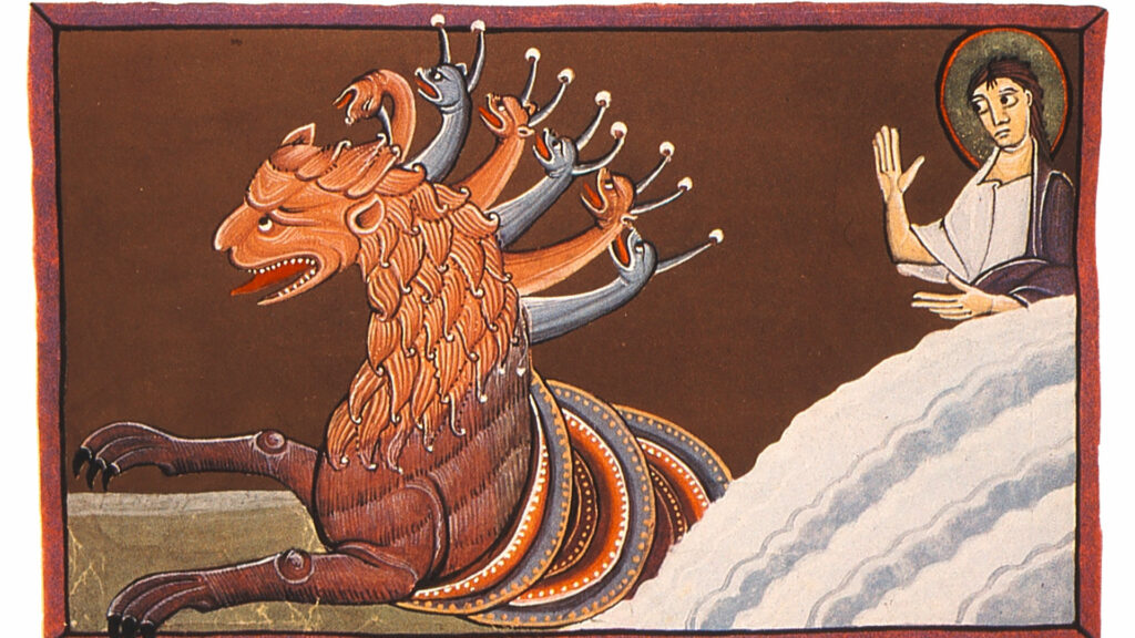 Das siebenköpfige Tier, das aus dem Meer stieg: Eines der Bilder aus der Offenbarung des Johannes in der Darstellung der Bamberger Apokalypse (Handschrift aus dem 11. Jahrhundert; Bamberg, Staatsbibliothek). | © wikimedia commons