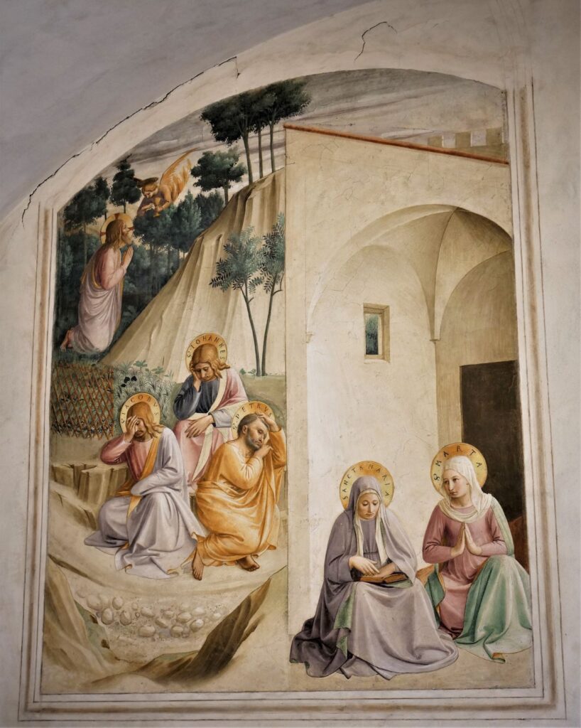 Szene mit Christus am Ölberg und den Schwestern Marta und Maria, aus dem Freskenzyklus von Fra Angelico in San Marco in Florenz (um 1439). | © Barnos/wikimedia 