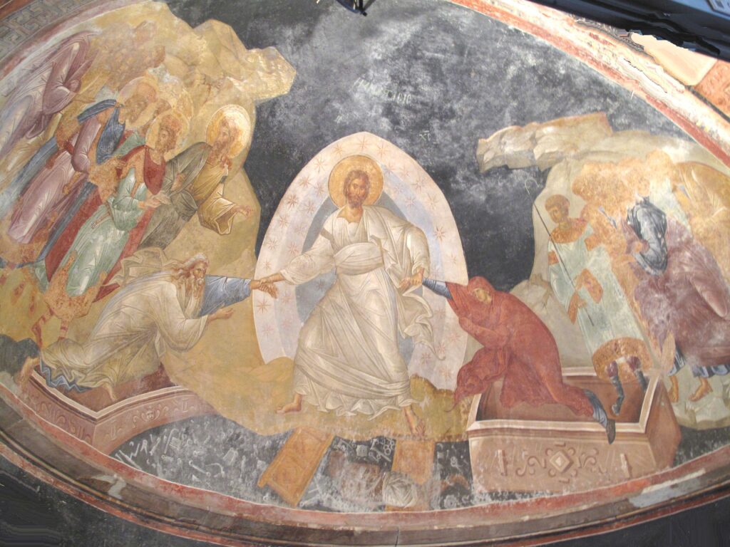 Christus zieht die Toten – die beiden Figuren werden als Adam und Eva gedeutet – mit Schwung aus ihren Gräbern. Wandmalerei zur Auferstehung aus dem Chorakloster in Istanbul (14. Jahrhundert). | © Ludwig Hesse