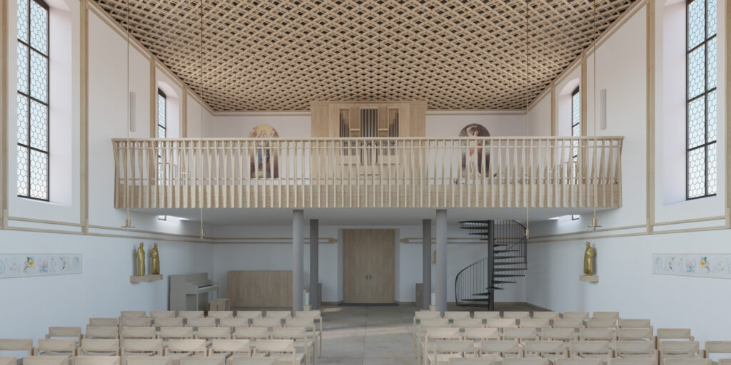 Visualisierung des Eingangsbereichs und der Empore. Die Orgel fehlt zurzeit noch, vorgesehen ist eine neue Orgel bis zum Jahr 2025. | © Flubacher Nyfeler Partner Architekten