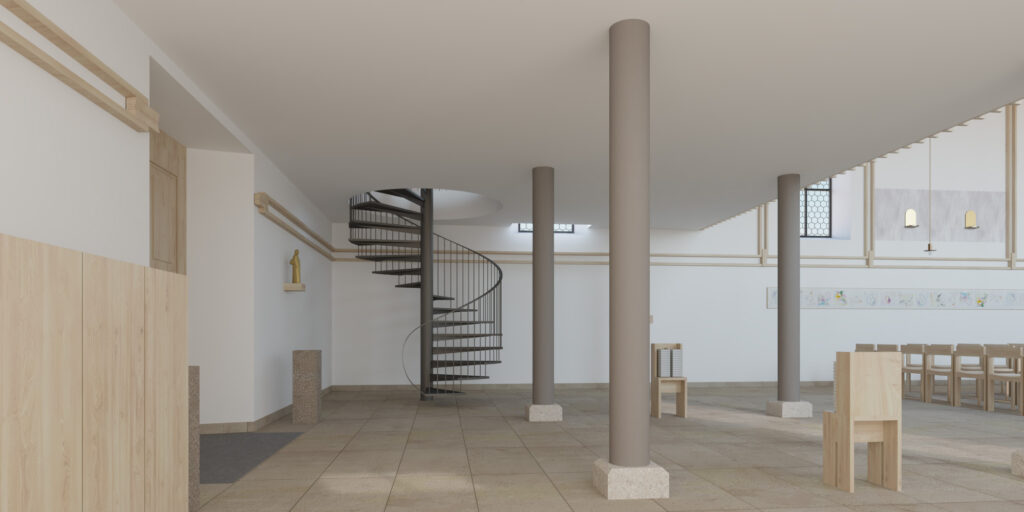Visualisierung Eingangsbereich: Anstelle der verbrannten Holztreppe gewährt neu eine Wendeltreppe aus Metall den Zugang zur Empore. | © Flubacher Nyfeler Partner Architekten