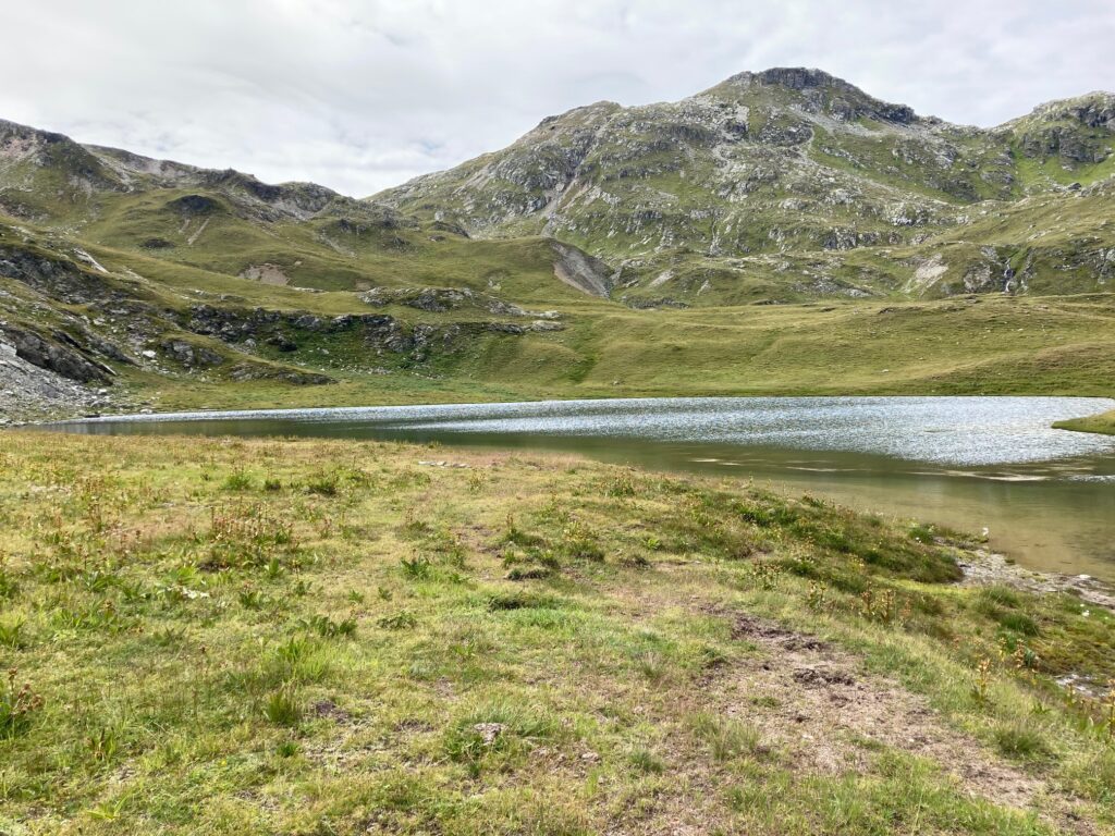 Bei unserem Besuch am 8. August präsentierte sich der nach einem irischen Wandermönch benannte Columbansee oberhalb von Bivio in gedämpften Grüntönen. Nun dürfte hier als frühe Vorbotin des kommenden Winters eine Schneedecke liegen.  | © Regula Vogt-Kohler